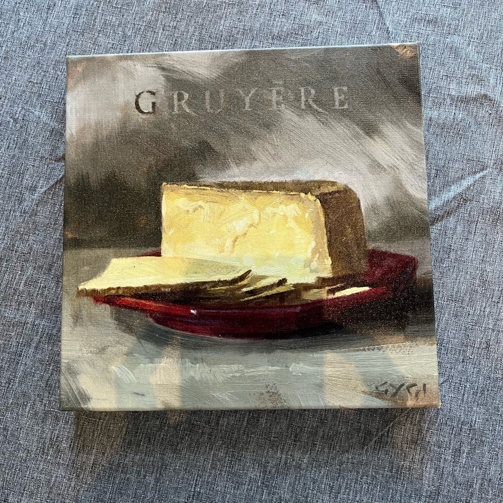 Darren  Gygi 9x9 Gruyere Cheese Art Print on Red Plate